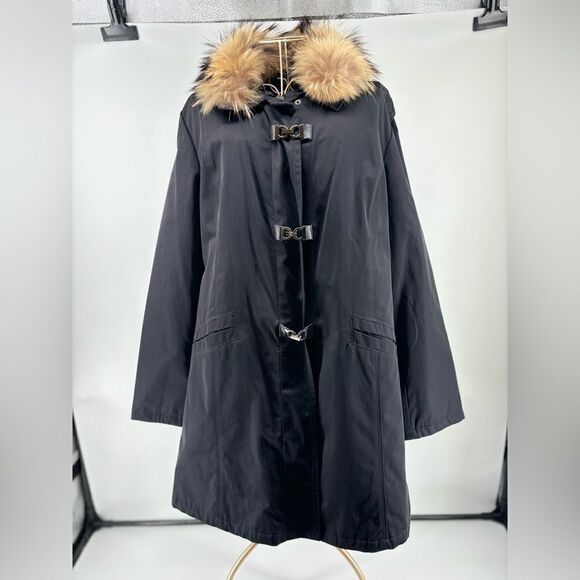 Company Ellen Tracy black raccoon  fur trim jacket size Large - Picture 1 of 11
